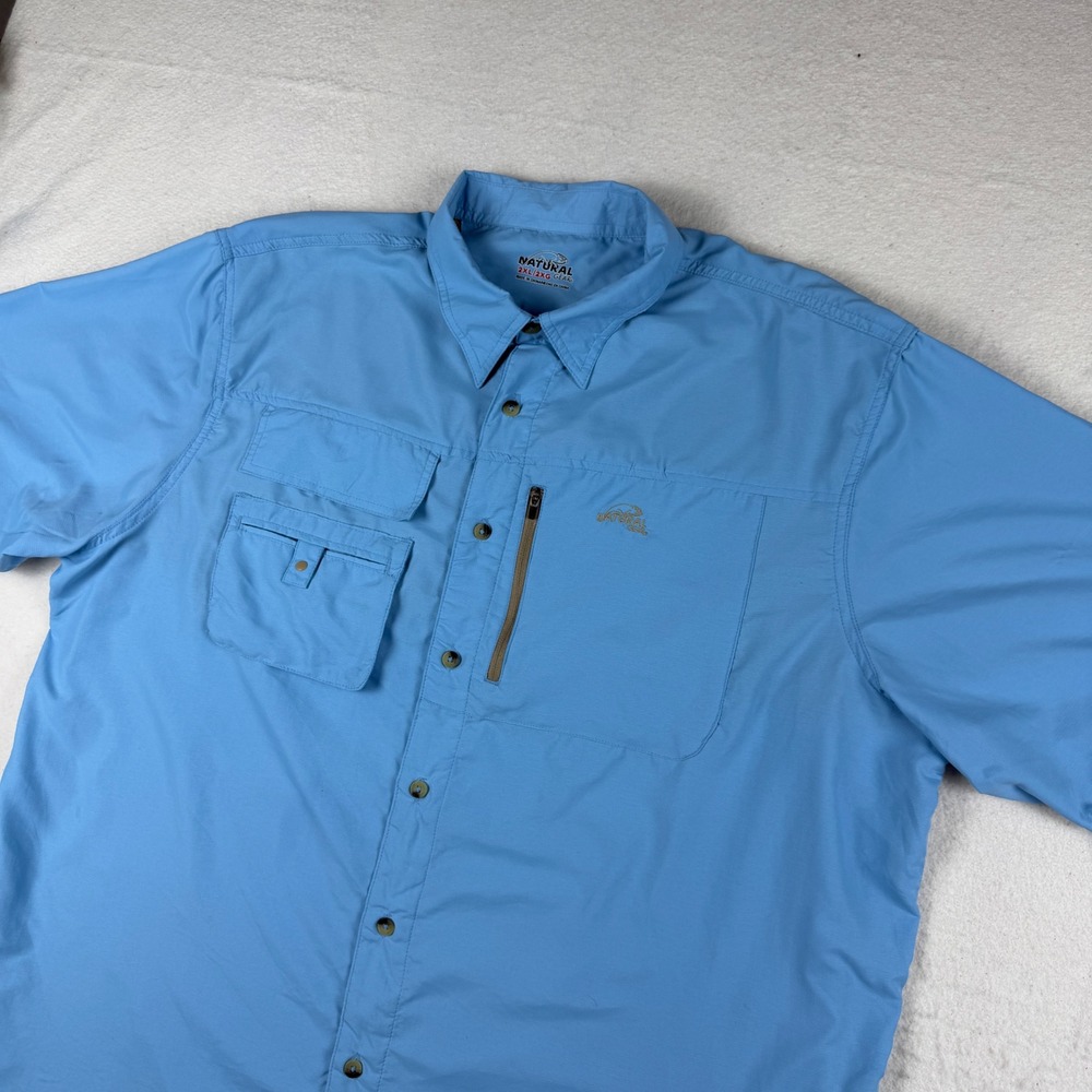 Natural Gear Mens 2XL Blue Short Sleeve Fishing Shirt Vented Pockets Outdoor